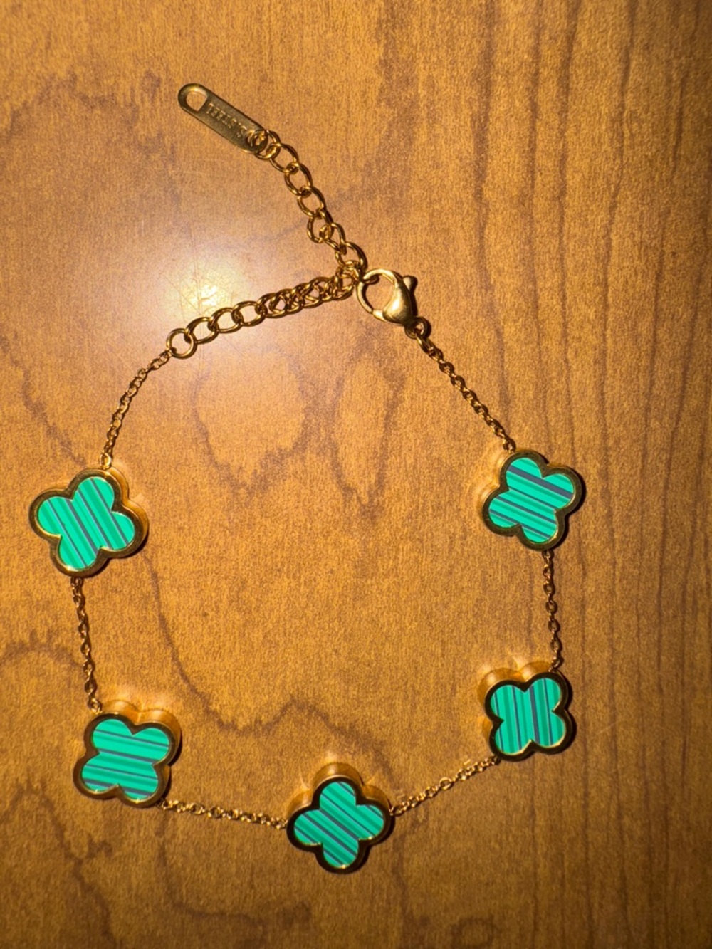 Gold Plated Stainless Steel Green Clover Link Bracelet